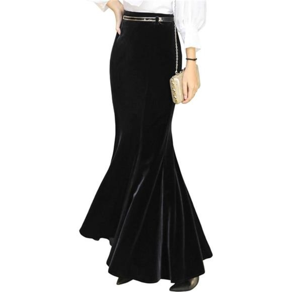 Women's High Waist Bodycon Velvet Fishtail Mermaid Maxi Skirt, Black
